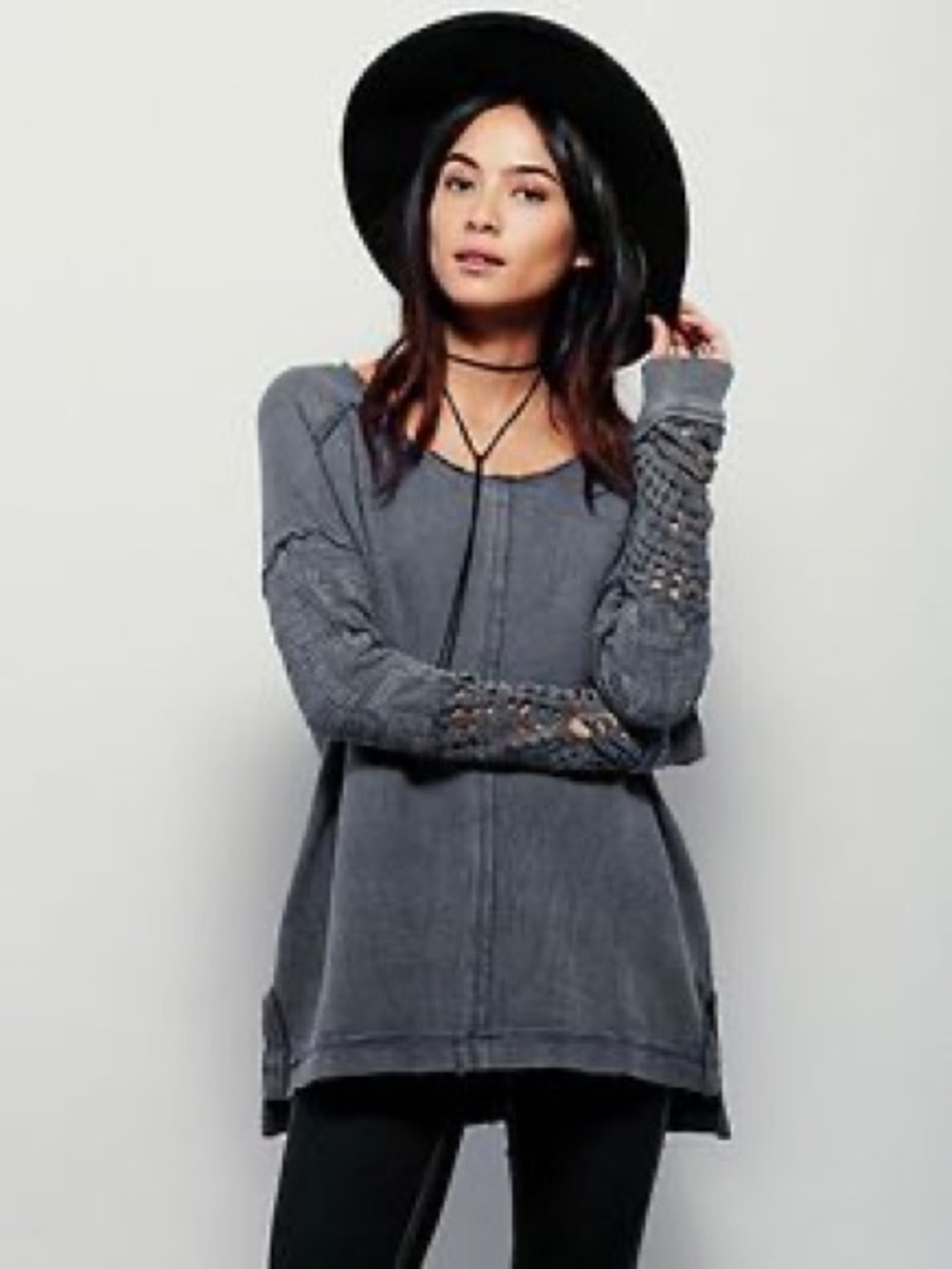 Free People "Wish I Knew" Long Sleeve Tee Sweatshirt Crochet Blue Gray Washed